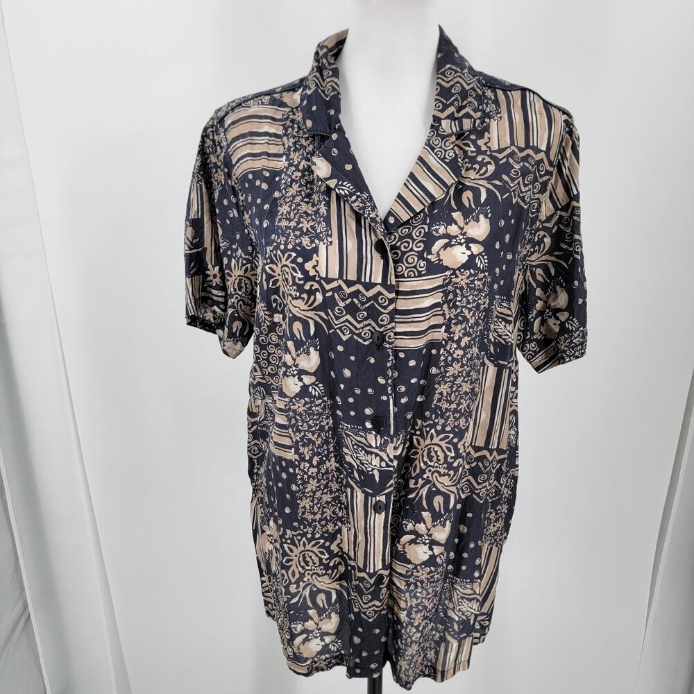 Anna and Frank Blouse Womens Large Silk Slate Gray Beige Geo Print Vintage